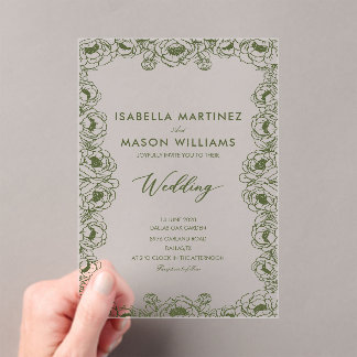 olive green floral garden formal wedding acrylic invitations
