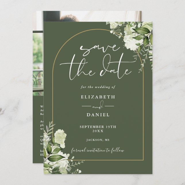 Olive Green Floral Gold Arch Photo QR Code Wedding Save The Date (Front/Back)