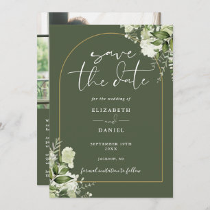 Olive Green Floral Gold Arch Photo QR Code Wedding Save The Date