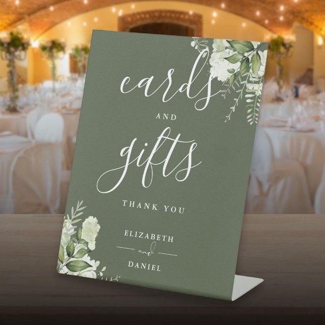 Olive Green Floral Greenery Cards And Gifts Pedestal Sign (Olive Green Floral Greenery Cards And Gifts Pedestal Sign)