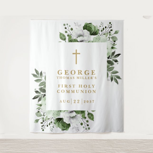 Olive Green Floral Holy Communion Photo Backdrop Tapestry (Front)