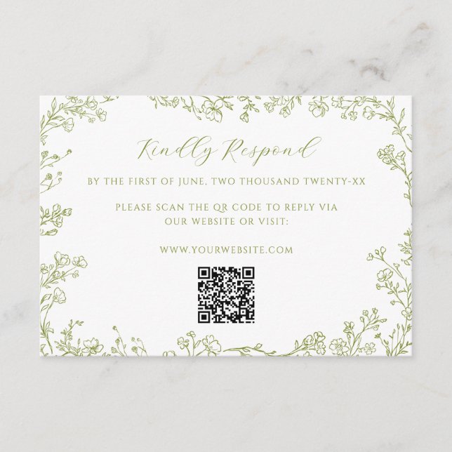 Olive Green Floral Line Art Wedding QR Code Enclosure Card (Front)
