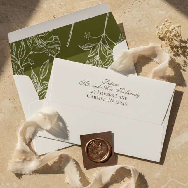 Olive Green Floral Liner and Neutral Text Wedding Envelope (Olive Green Floral Liner and Neutral Text Wedding Envelope)