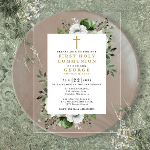 Olive Green Floral Modern First Holy Communion Acrylic Invitations