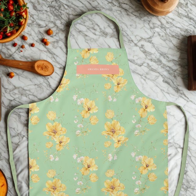 Olive Green Floral Pastel Elegance Stylish Trendy Apron (Creator Uploaded)