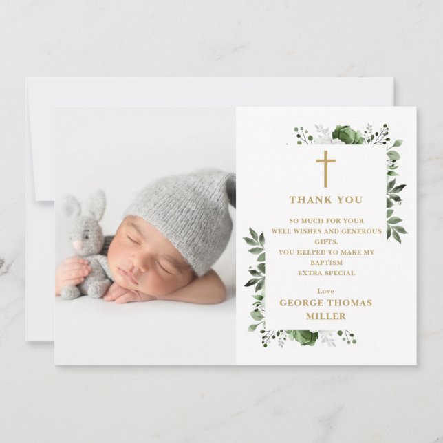 Olive Green Floral Photo Baptism Christening Thank You Card (Front)