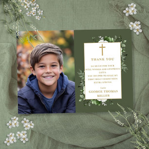 Olive Green Floral Photo First Holy Communion Thank You Card