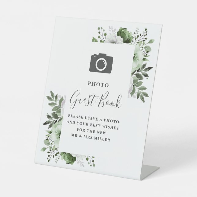 Olive Green Floral Photo Guest Book Wedding Pedestal Sign (Front)