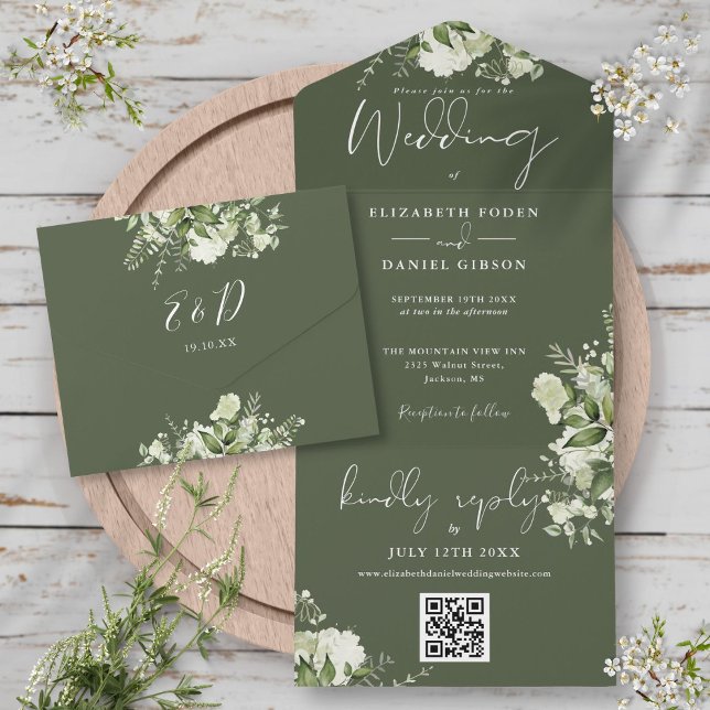 Olive Green Floral QR Code Monogram Wedding All In One Invitation (Olive Green Floral QR Code Monogram Wedding All In One Invitation)