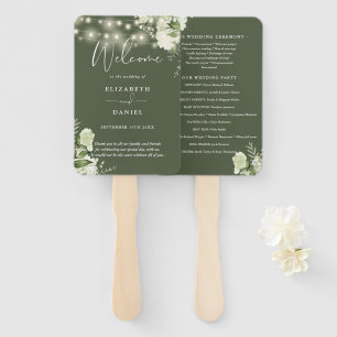 Olive Green Floral String Lights Wedding Program Hand Fan