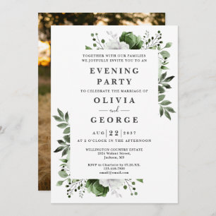 Olive Green Floral Wedding Evening Party Photo Invitation