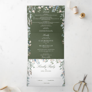 Olive Green Floral Wildflowers Photo Wedding Tri-Fold Invitation