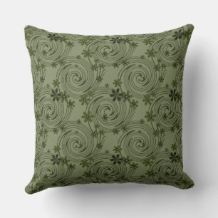 olive green flowers and spirals abstract pattern cushion