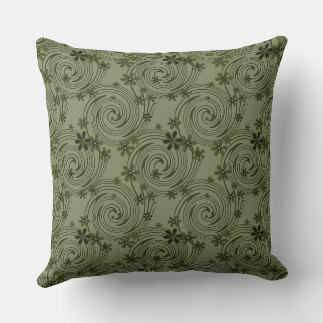 olive green flowers and spirals abstract pattern cushion (Back)