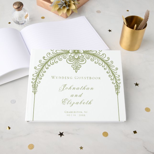 Olive Green French Flourish Arch Wedding Guest Book (Front Open)