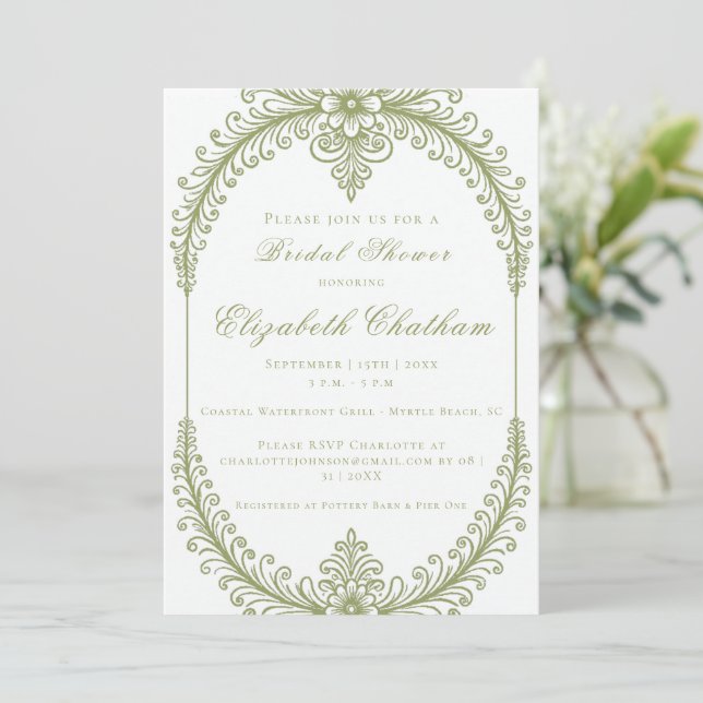 Olive Green French Flourish Frame Bridal Shower Invitation (Standing Front)