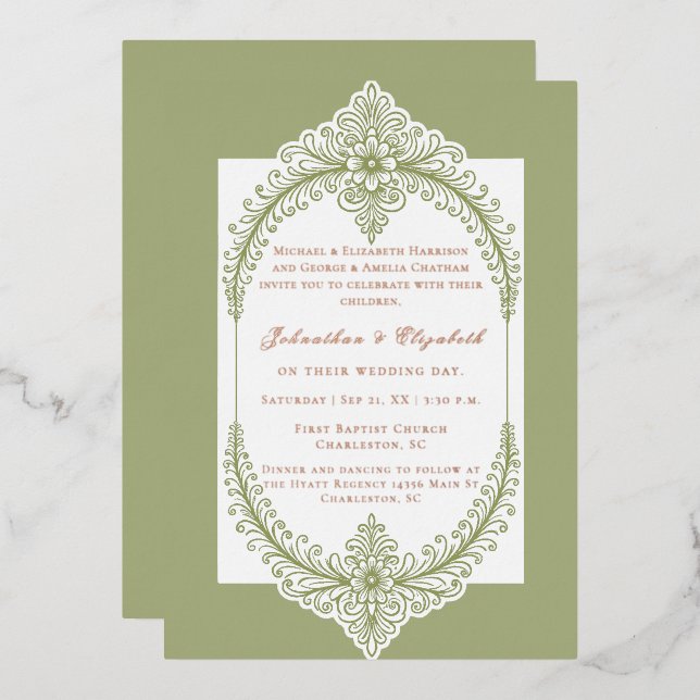 Olive Green French Flourish Frame Wedding (Front/Back)