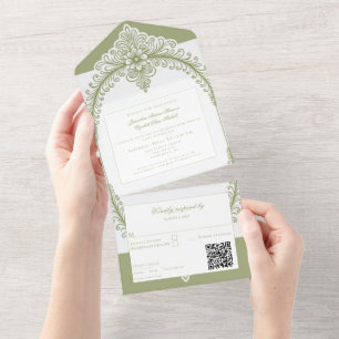 Olive Green French Flourish Frame Wedding All In One Invitation