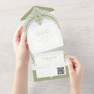 Olive Green French Flourish Frame Wedding All In One Invitation