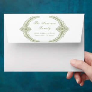 Olive Green French Flourish Frame Wedding Envelope
