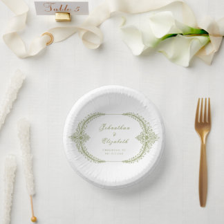 Olive Green French Flourish Frame Wedding Paper Plate