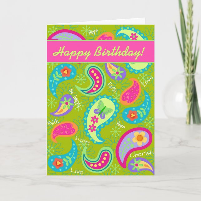Olive Green Fuchsia Modern Paisley Happy Birthday Card (Front)