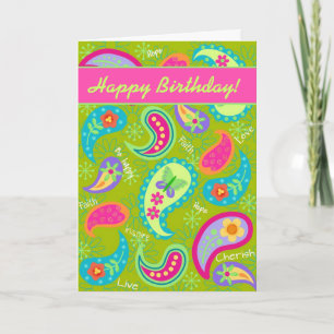 Olive Green Fuchsia Modern Paisley Happy Birthday Card
