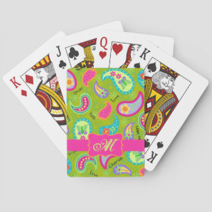 Olive Green Fuchsia Pink Modern Paisley Monogram Playing Cards