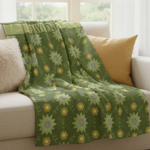 Olive Green Geometric Flowers Fleece Blanket