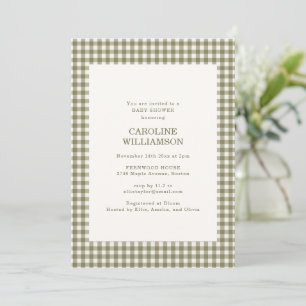 Olive Green Gingham Check Plaid Fall Baby Shower Invitation