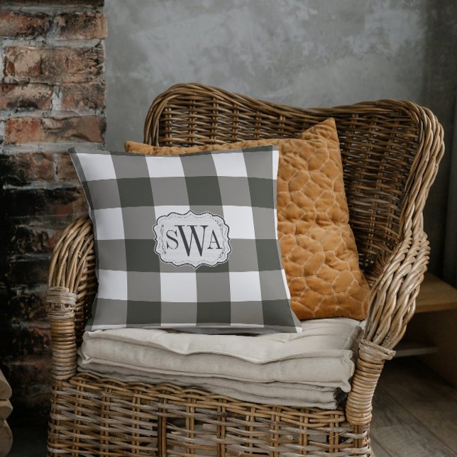 Olive green Gingham Family Monogram Farmhouse Cushion (Creator Uploaded)