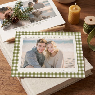 Olive Green Gingham Frame Holiday Photo Card