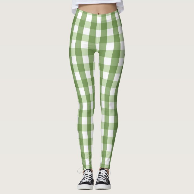 Olive Green Gingham Plaid Trendy Pattern Leggings (Front)