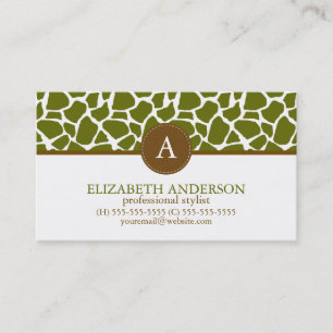 Olive Green Giraffe Pattern Monogram Business Card