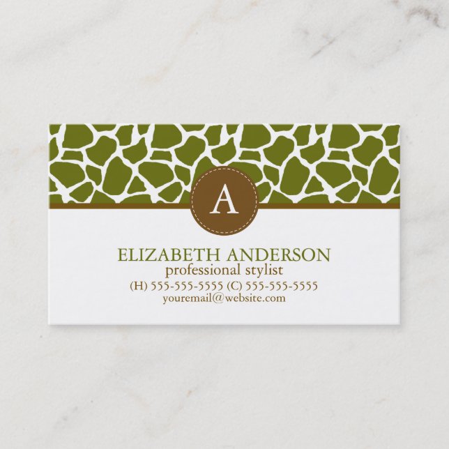 Olive Green Giraffe Pattern Monogram Business Card (Front)