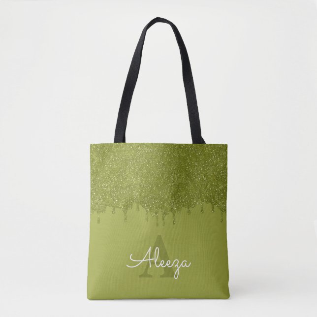Olive Green Glitter Drips Tote Bag (Front)