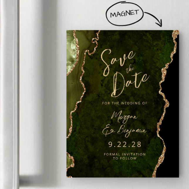 Olive Green Gold Agate Magnetic Save the Date (Creator Uploaded)
