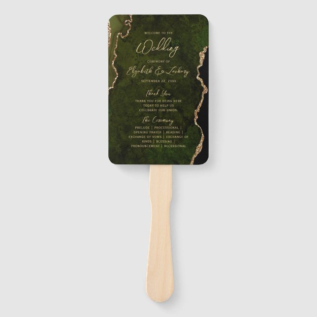 Olive Green Gold Agate Script Wedding Program Hand Fan (Front)