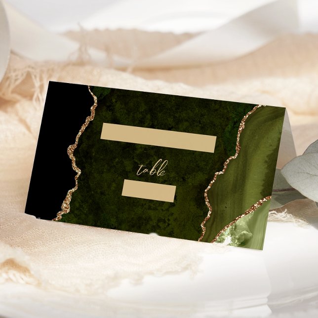 Olive Green Gold Agate Script Wedding Table Place Card (Creator Uploaded)