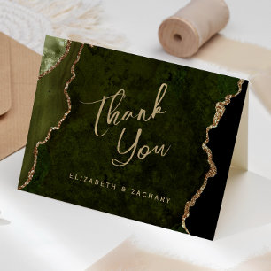 Olive Green Gold Agate Script Wedding Thank You Card