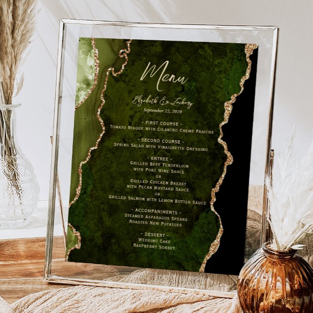 Olive Green Gold Agate Wedding Table Menu Poster (Creator Uploaded)