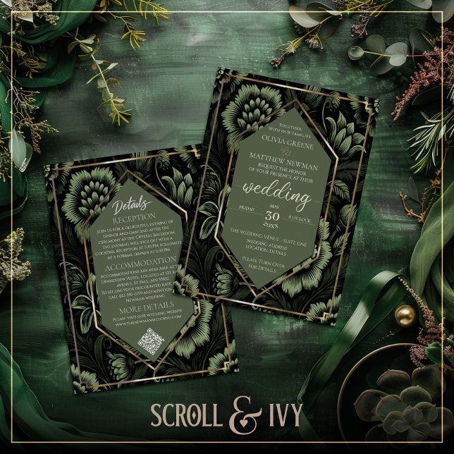Olive Green & Gold Floral Details & Wedding  Invitation (Creator Uploaded)