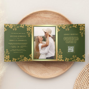 Olive Green Gold Floral Leaves QR Code Wedding Tri-Fold Invitation