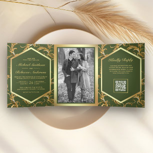 Olive Green Gold Flourish Photo QR Code Wedding Tri-Fold Invitation