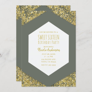 Olive Green Gold Glitter Flakes Glam Sweet 16 Invitation