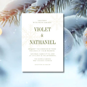 Olive Green Gold Guiet Snowflake Christmas Wedding Invitation