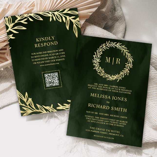 Olive Green Gold Leaf Branch QR Code Wedding Invitation (Creator Uploaded)