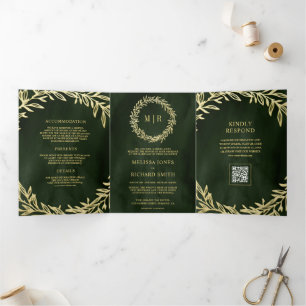 Olive Green Gold Leaf Branch QR Code Wedding Tri-Fold Invitation