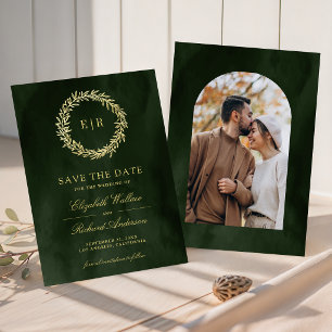 Olive Green Gold Leaf Branch Wedding Photo Save The Date
