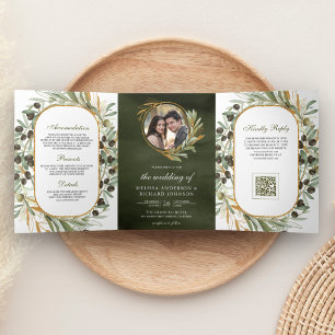 Olive Green Gold Leaves Photo QR Code Wedding Tri-Fold Invitation